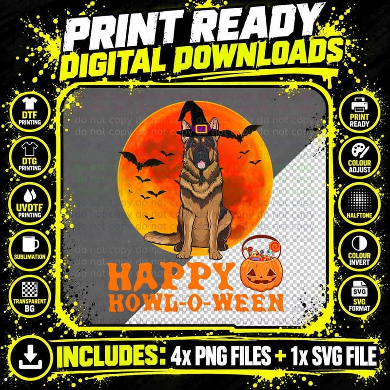 Funny German Shepherd Dog Halloween Happy Howl-O-Ween Png SVG Digital Bundle