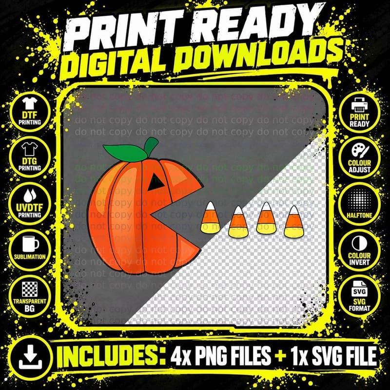 Funny Halloween Pumpkin Eating Candy Corn T-Shirt Png SVG Digital Bundle