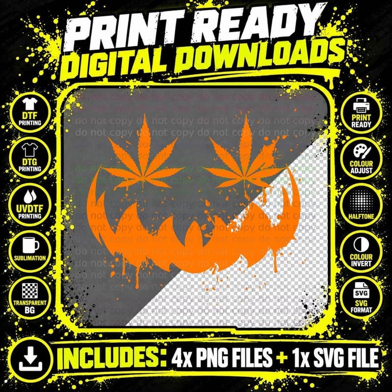 Funny Halloween Pumpkin Face Smoking Weed Cannabis Png SVG Digital Bundle