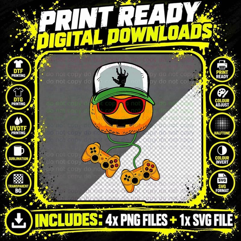 Funny Halloween Pumpkin Glass Video Gamer Teen Boy Kids Png SVG Digital Bundle