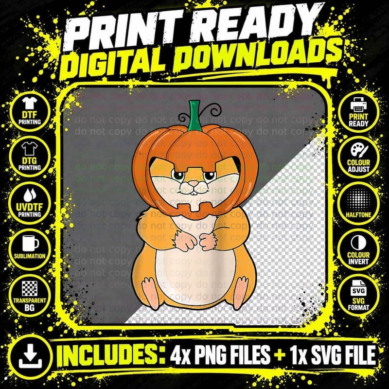 Funny Hamster with Pumpkin Helmet Halloween T-Shirt Png SVG Digital Bundle