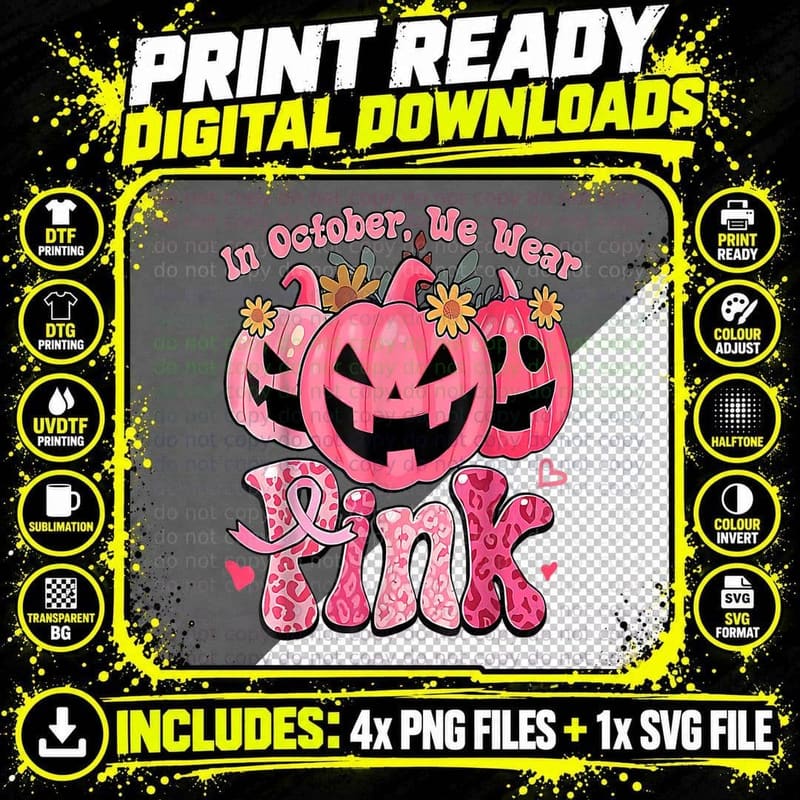 Funny Leopard Groovy in Oct We Wear Pink Halloween Png SVG Digital Bundle