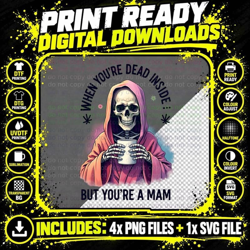 Funny Mother's Day Skeleton Robe Coffee Watercolor Png SVG Digital Bundle