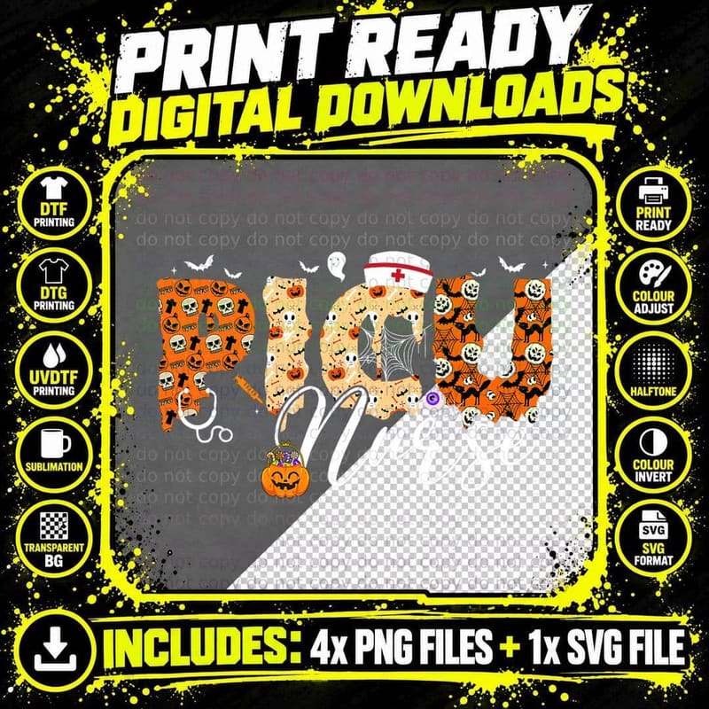 Funny PICU Nurse Halloween Costume Pumpkin Fall Skeleton Png SVG Digital Bundle