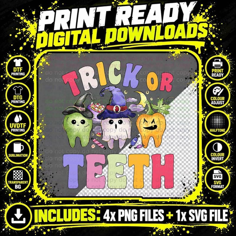 Funny Trick or Teeth Dental Halloween Dentist T-Shirt Png SVG Digital Bundle