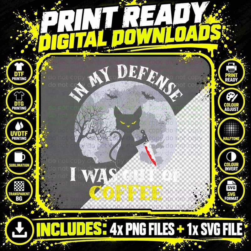 Funny in My Defense Cat Knife Halloween Moon Coffee Png SVG Digital Bundle