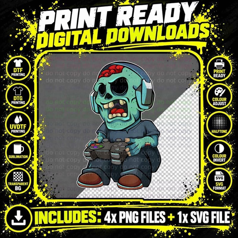 Gamer Zombie Lazy Halloween Costume Cool Video-Game Png SVG Digital Bundle
