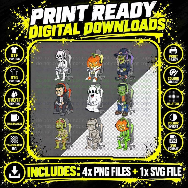 Gaming Halloween Skeleton Vampire Gamer Zombie Boys Kids Png SVG Digital Bundle