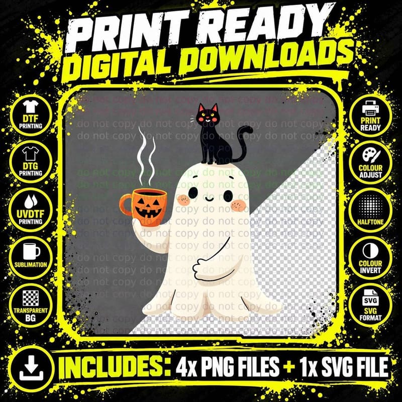 Ghost Black Cat Jack-O-Lantern Mug Whimsical Spooky Png SVG Digital Bundle