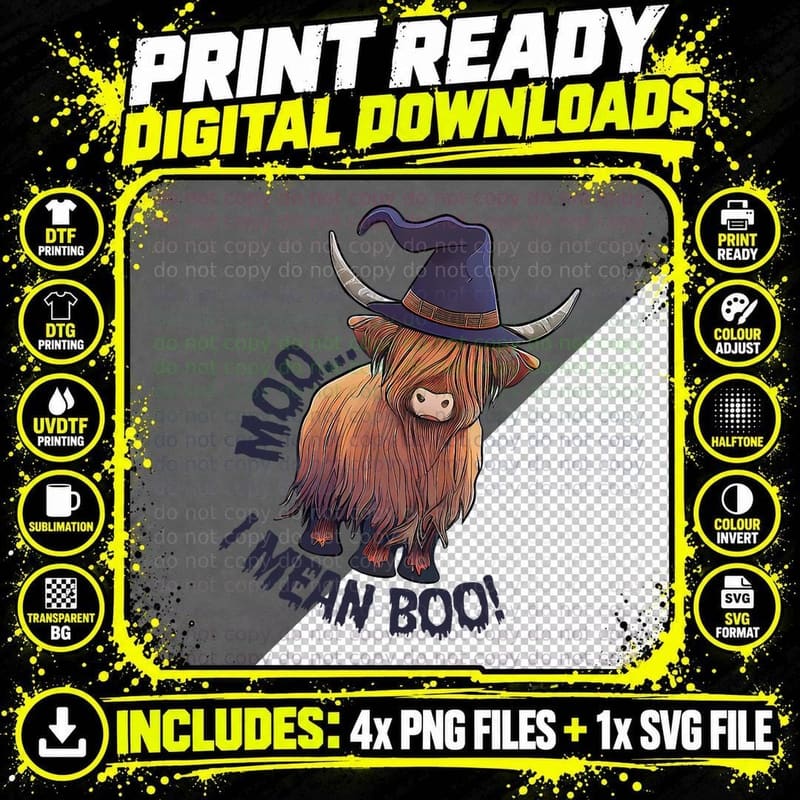Ghost Highland Cow Moo I Mean Boo Pumpkin Funny Png SVG Digital Bundle