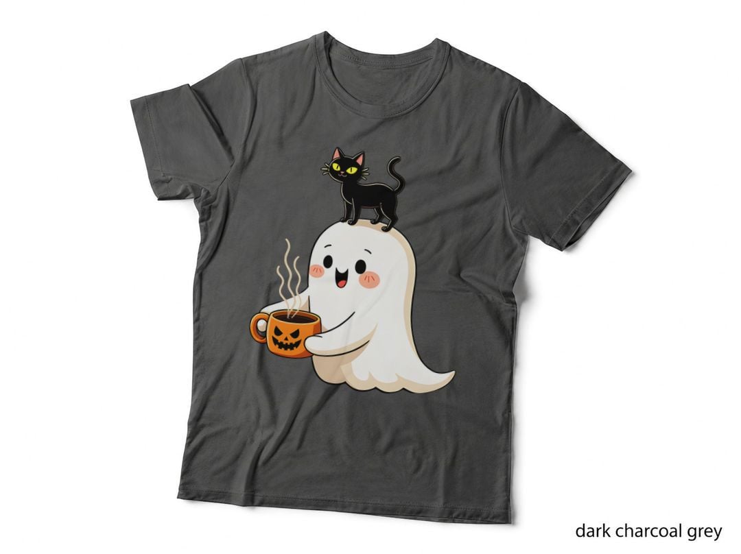 Ghost Holding Jack-O-Lantern Mug Black Cat Duo Spooky Fun Halloween T-Shirt