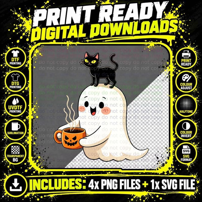Ghost Holding Jack-O-Lantern Mug Black Cat Duo Spooky Png SVG Digital Bundle