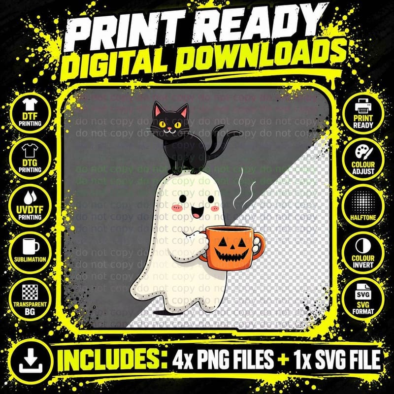 Ghost Holding Mug with Black Cat Duo Cartoon Halloween Png SVG Digital Bundle