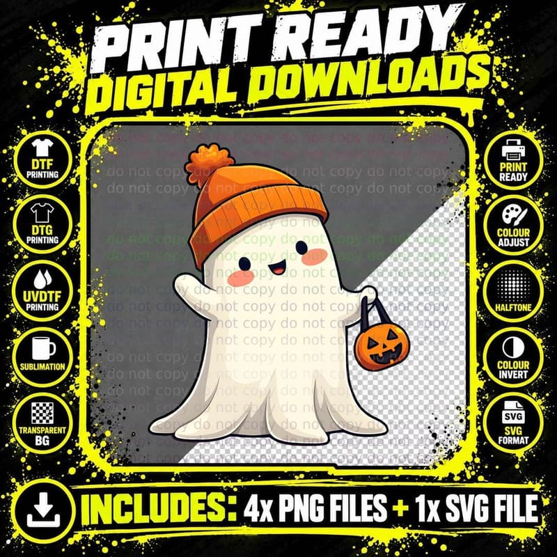Ghost Wearing Beanie Holding Pumpkin Bag Orange Simple Png SVG Digital Bundle