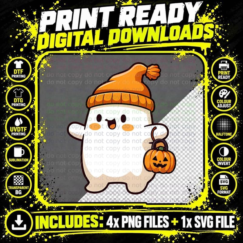 Ghost with Beanie and Pumpkin Bag Simple Minimalist Png SVG Digital Bundle