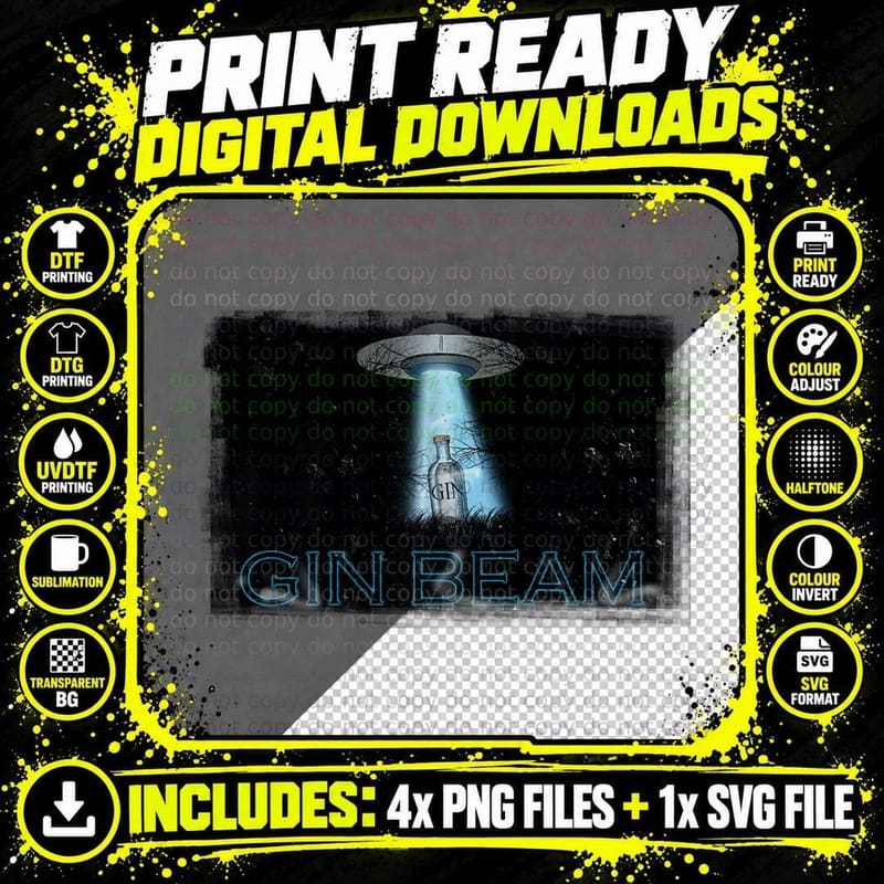 Gin and & Tonic Gin Beam Pun Gift UFO Alien Halloween Png SVG Digital Bundle