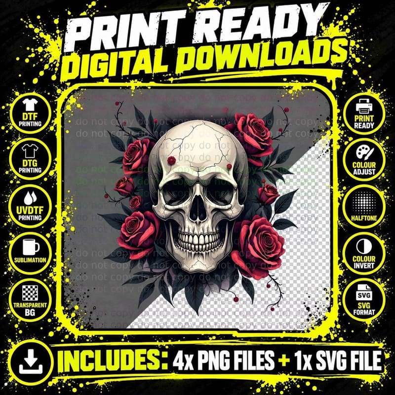 Gothic Skull Floral Tee, Spooky Halloween Gift for Her Png SVG Digital Bundle