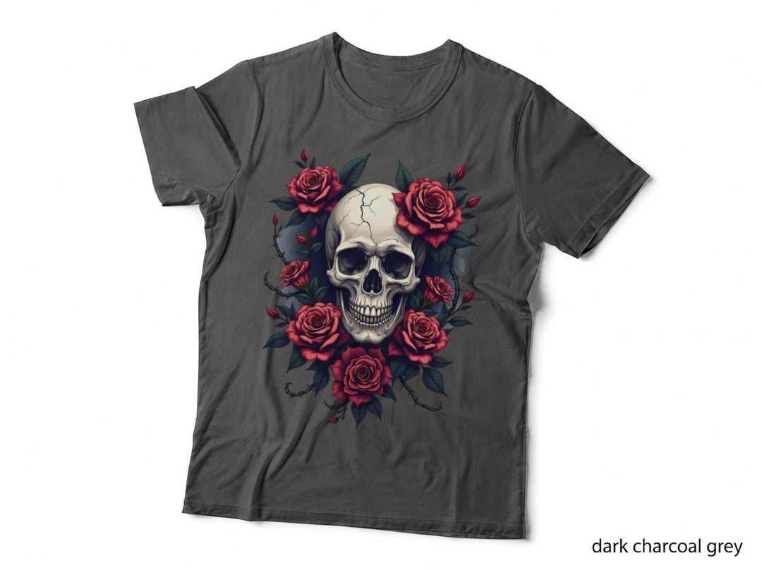 Gothic Skull with Dark Intricate Floral Patterns Thorny Vines Macabre T-Shirt