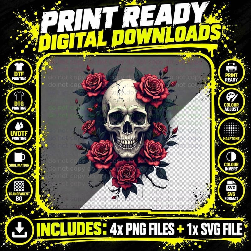 Gothic Skull with Dark Intricate Floral Patterns Thorny Png SVG Digital Bundle