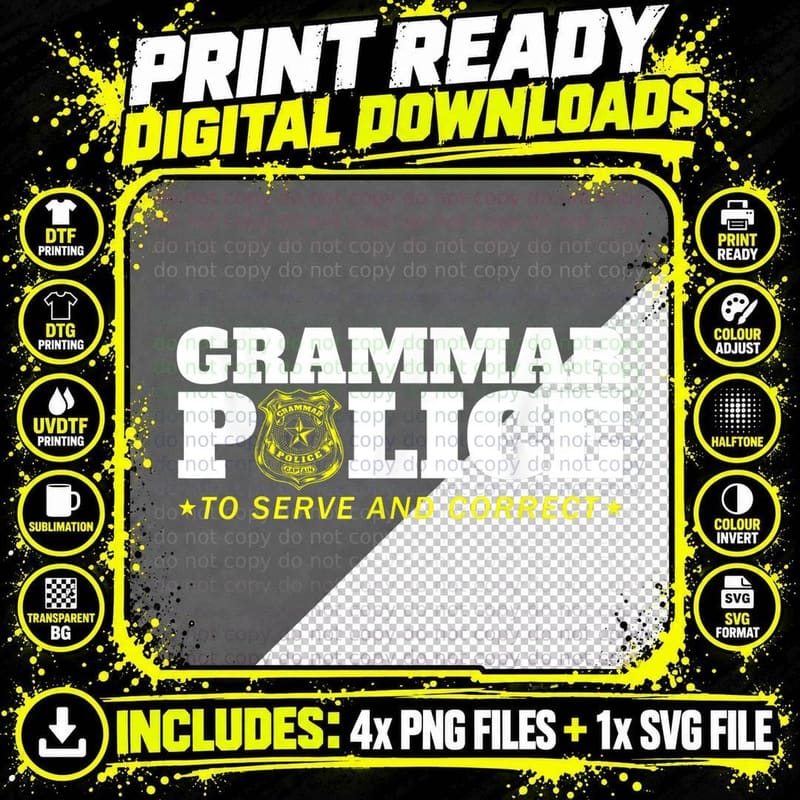 Grammar Police Officer Funny Badge Halloween Costume Png SVG Digital Bundle