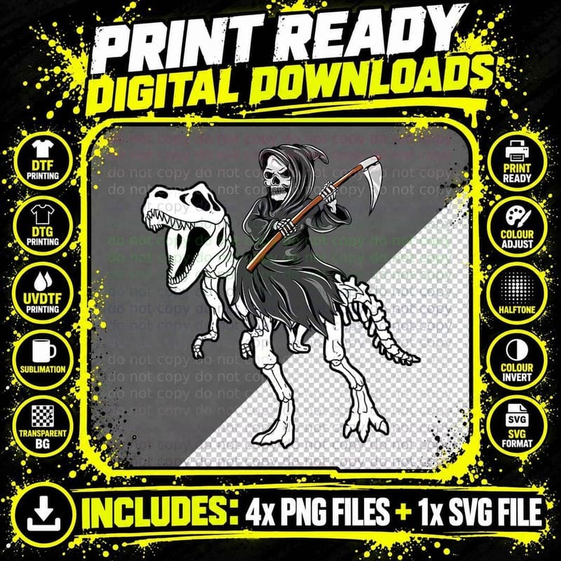 Grim Reaper Riding Dinosaur T Rex Death Halloween T-Shirt Png SVG Digital Bundle