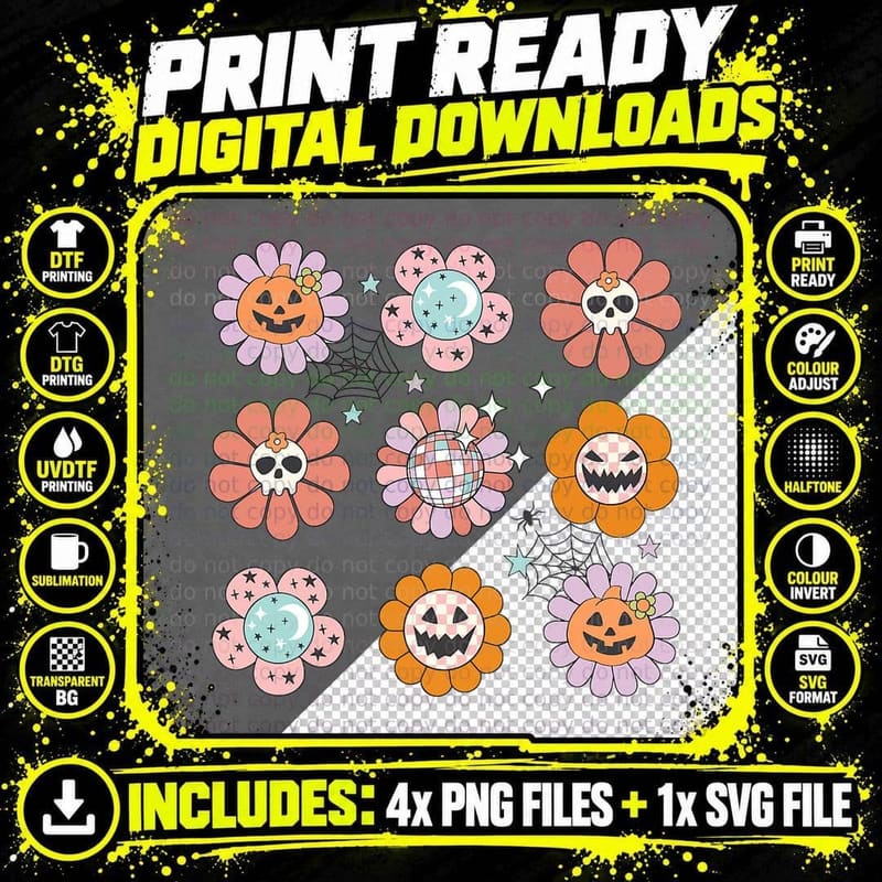 Groovy Halloween Smile Face Disco Retro Pumpkin Skull Png SVG Digital Bundle