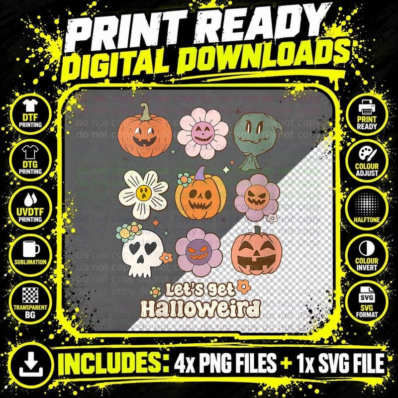 Groovy Halloween Smile Face Disco Retro Pumpkin Skull Png SVG Digital Bundle