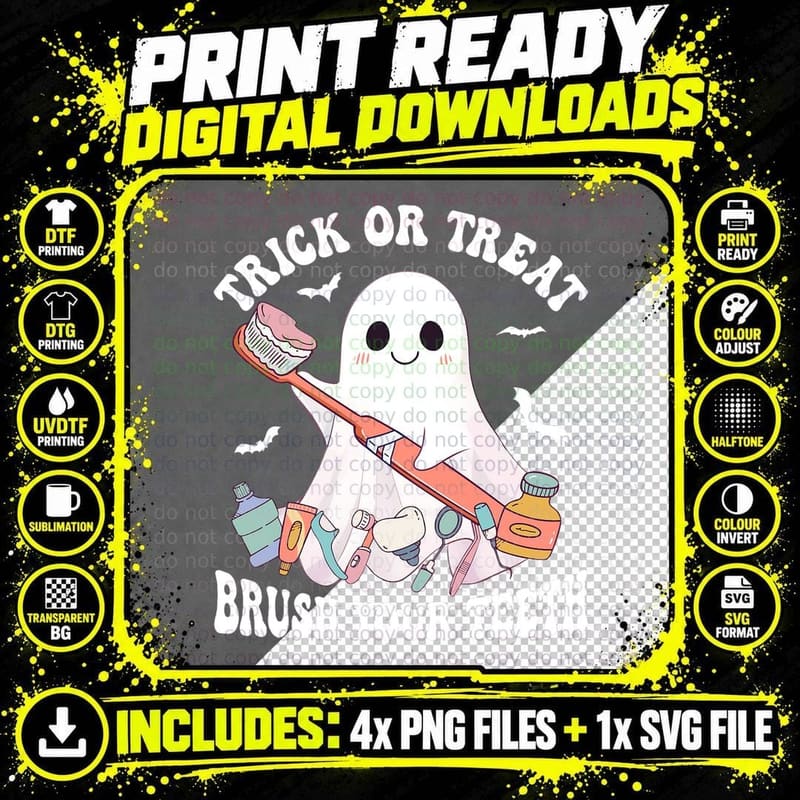 Groovy Halloween Trick or Treat Brush Yourth Dentist Png SVG Digital Bundle