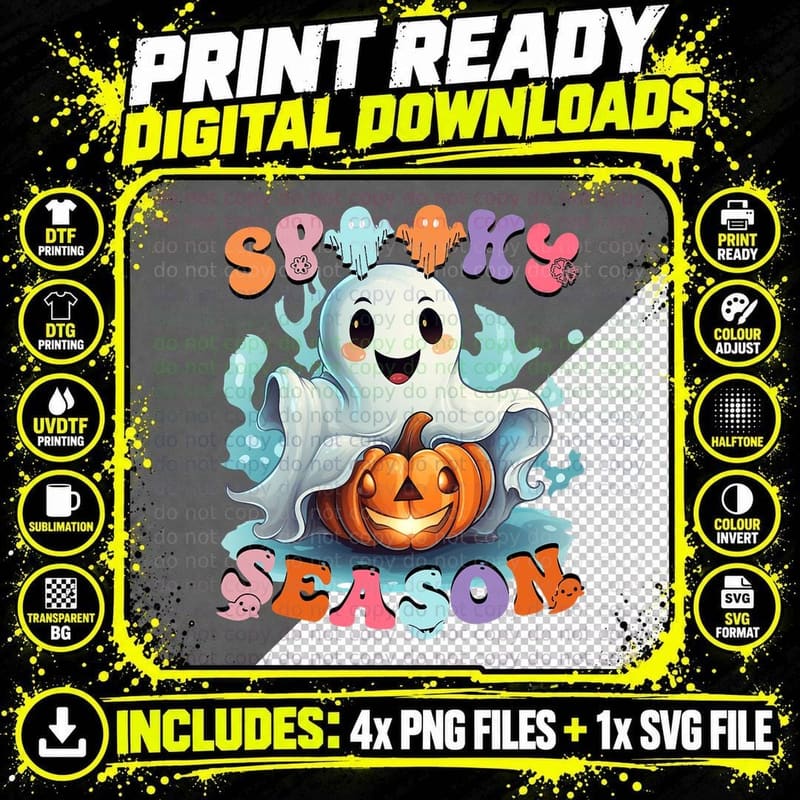 Groovy Spooky Season Cute Ghost Holding Pumpkin Png SVG Digital Bundle