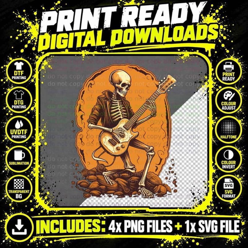 Guitarist Skeleton Playing Guitar Music Halloween Png SVG Digital Bundle