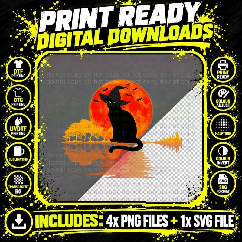 Halloween Black Cat Retro Creepy Sunset Witch T-Shirt Png SVG Digital Bundle