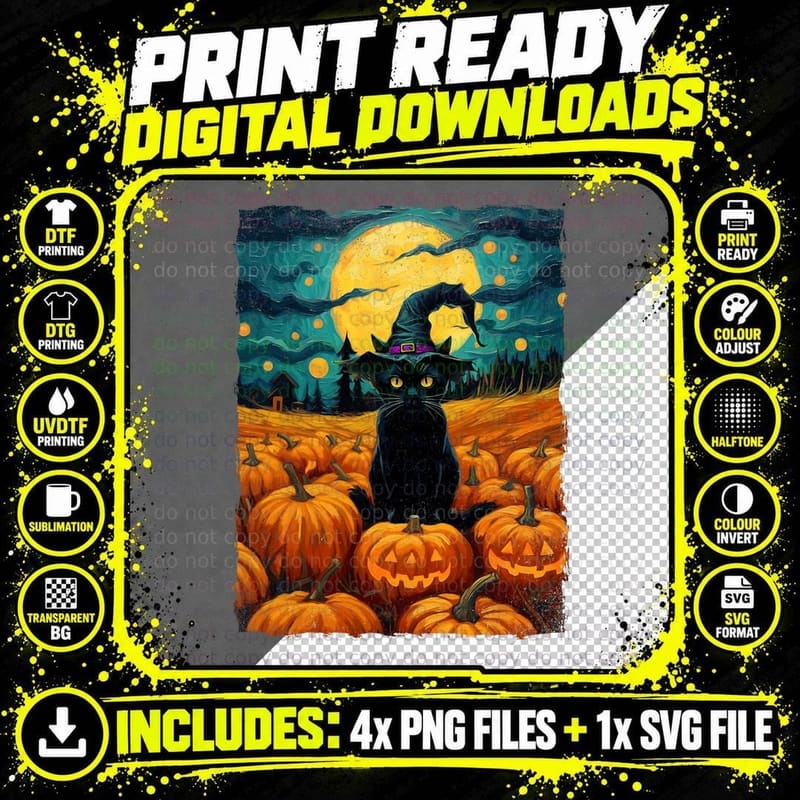 Halloween Black Cat Van Gogh Witch Kawaii Pumpkin Women Png SVG Digital Bundle