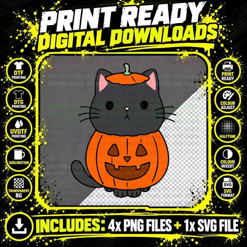 Halloween Black Cat Witch Hat Pumpkin for Kids Girls Png SVG Digital Bundle