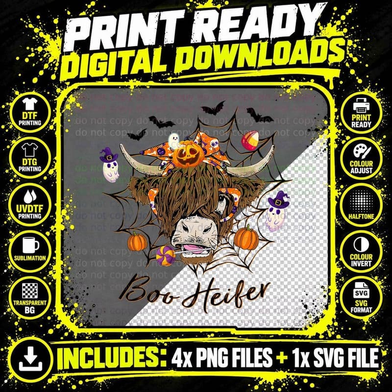 Halloween Boo Heifer Highland Cow Pumpkin Spooky Heifer Png SVG Digital Bundle