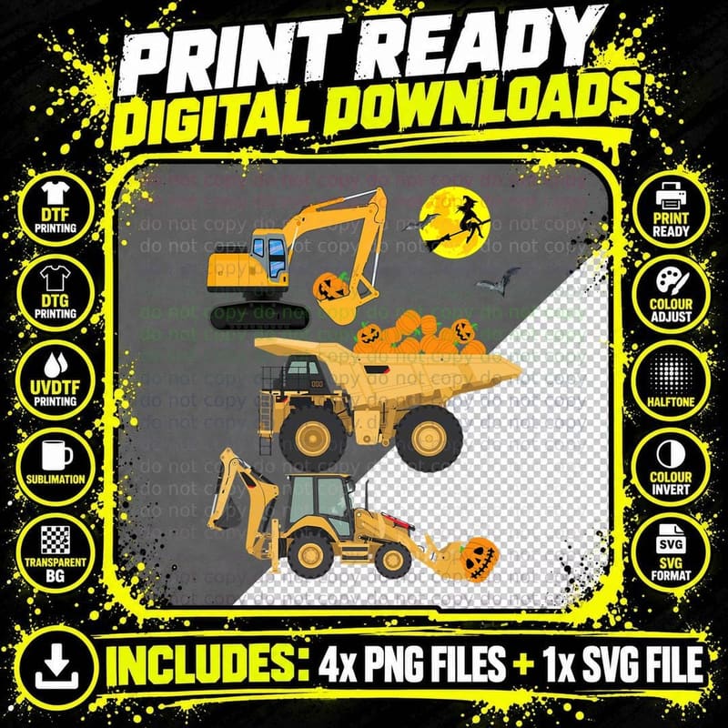 Halloween Boys Kids Toddler Pumpkin Construction Vehicle Png SVG Digital Bundle