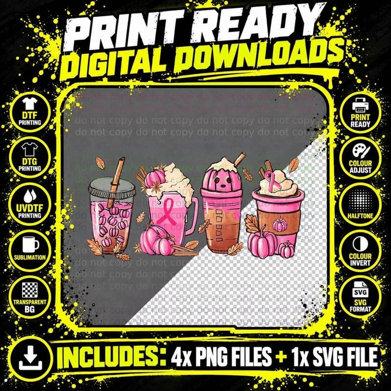 Halloween Coffee Pumpkin Latte Spice Breast Cancer Png SVG Digital Bundle