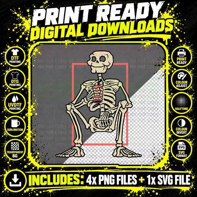 Halloween Coffee-Drinking Skeleton T-Shirt Png SVG Digital Bundle
