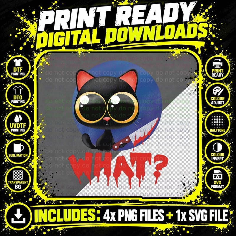 Halloween Creepy Kawaii Evil Black Cat Png SVG Digital Bundle