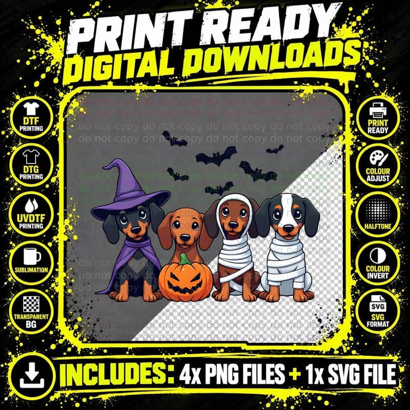 Halloween Dogs Cute Cartoon Dachshund Costume Witch Png SVG Digital Bundle