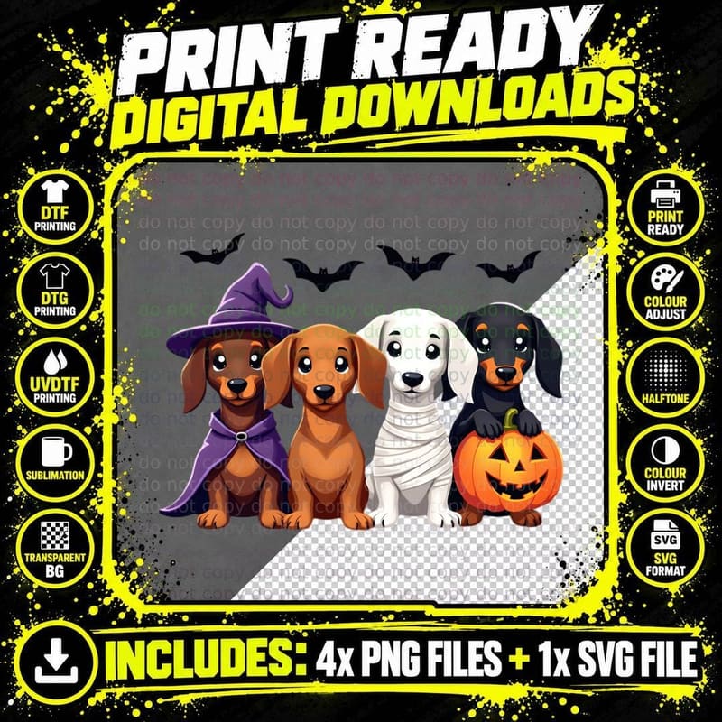 Halloween Dogs Dachshund Costume Cute Cartoon Pumpkin Png SVG Digital Bundle