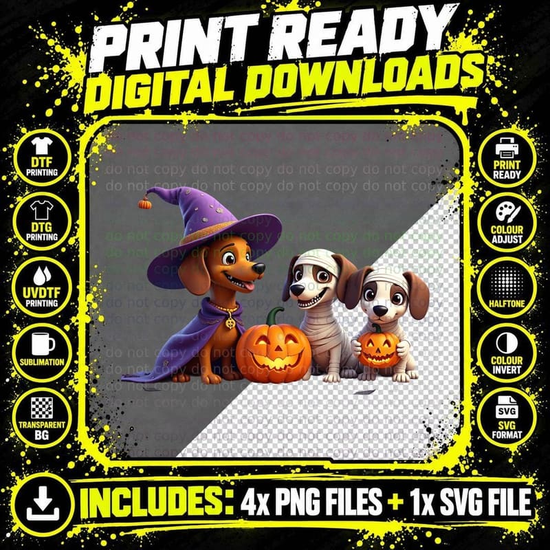Halloween Dogs Dachshund Costume Cute Cartoon Witch Png SVG Digital Bundle