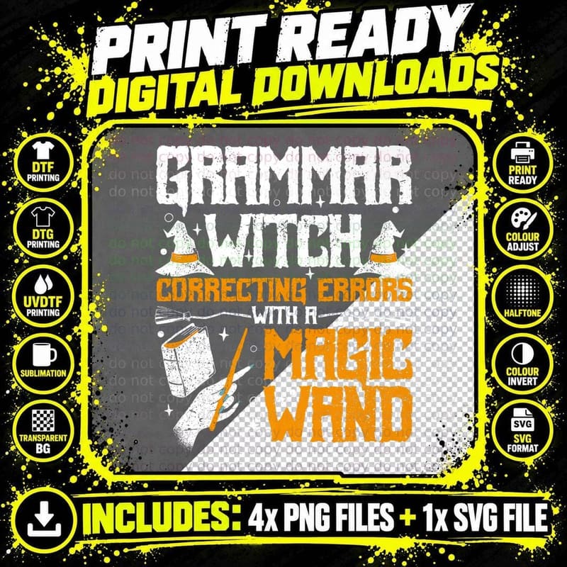 Halloween English Teacher Grammar Witch Women T-Shirt Png SVG Digital Bundle