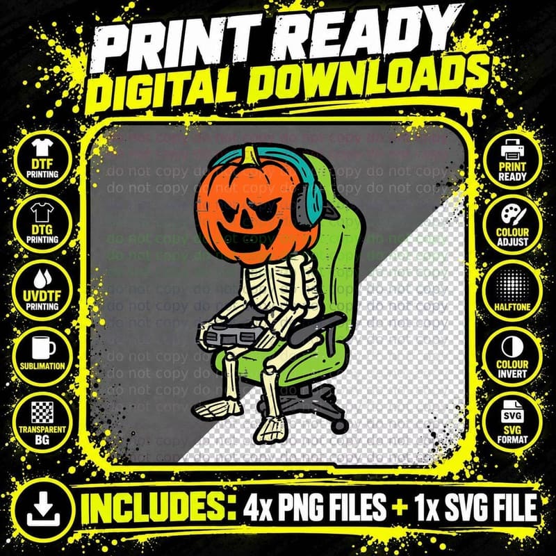 Halloween Gamer Skeleton Pumpkin Costume Men Boys Kids Png SVG Digital Bundle