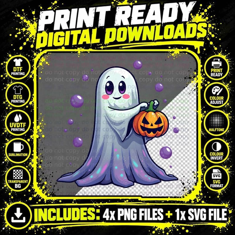 Halloween Ghost Smiley Face Iridescent Fabric Png SVG Digital Bundle