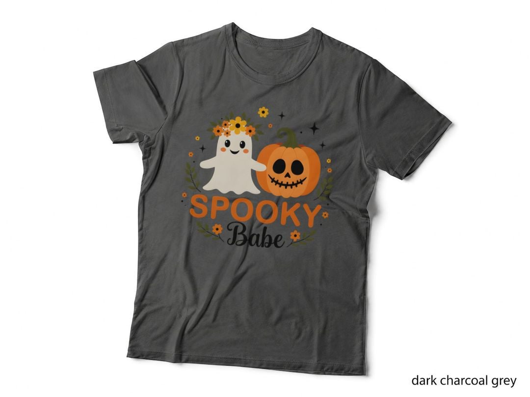 Halloween Ghost Spooky Babe Pumpkin Floral Wreath Blue Eyes Rosy Cheeks T-Shirt