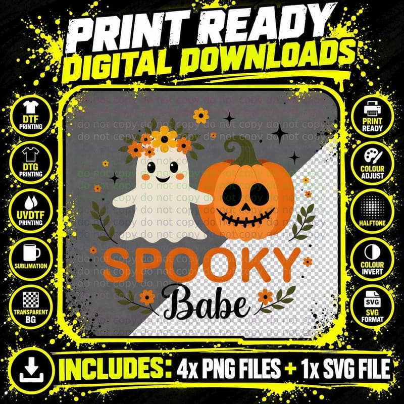 Halloween Ghost Spooky Babe Pumpkin Floral Wreath Blue Png SVG Digital Bundle