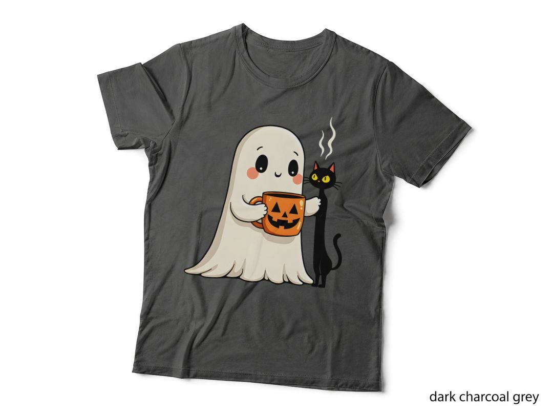 Halloween Ghost and Cat Duo Whimsical Jack O Lantern Mug Design T-Shirt