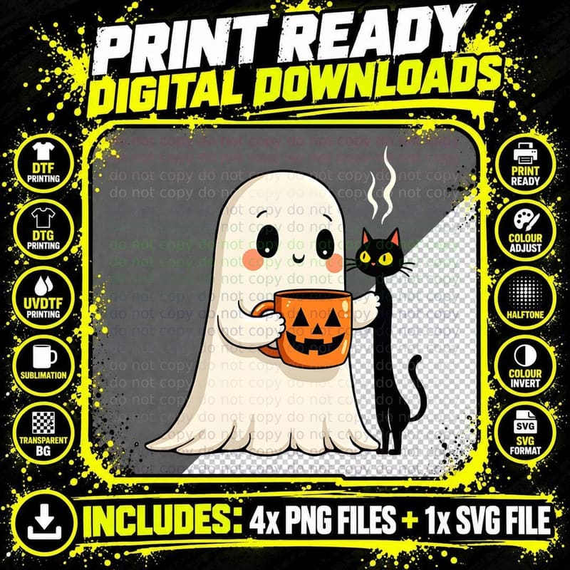 Halloween Ghost and Cat Duo Whimsical Jack O Lantern Mug Png SVG Digital Bundle