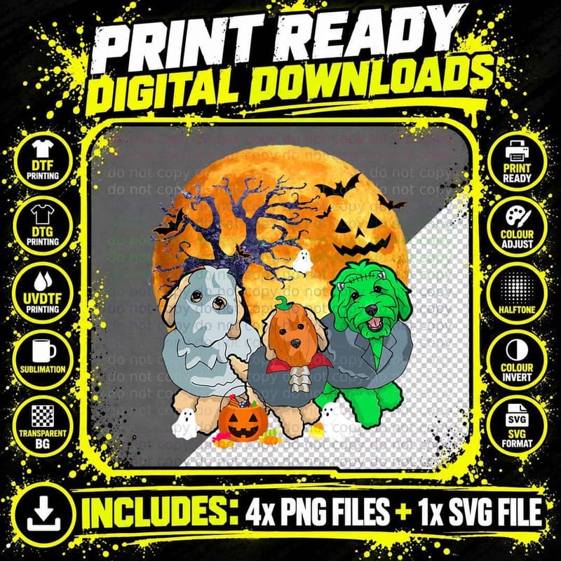 Halloween Goldendoodle Dog Zombie Jack O Lantern Pumpkin Png SVG Digital Bundle