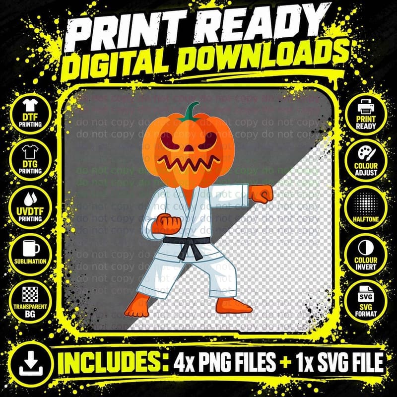 Halloween Karate Fighter Pumpkin Head Scary Gift T-Shirt Png SVG Digital Bundle